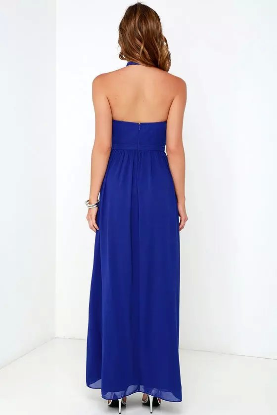 Fashion Women Elegant Sexy blue off shoulder Ankle-Length pleated Dress Backless sleeveless evening party casual