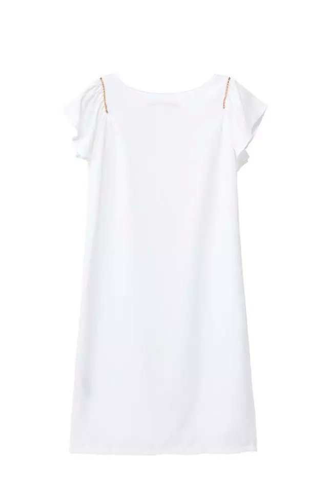 Fashion Women elegant white Brief chain shoulder mini Straight Dress V-neck ruffle Short sleeve casual female