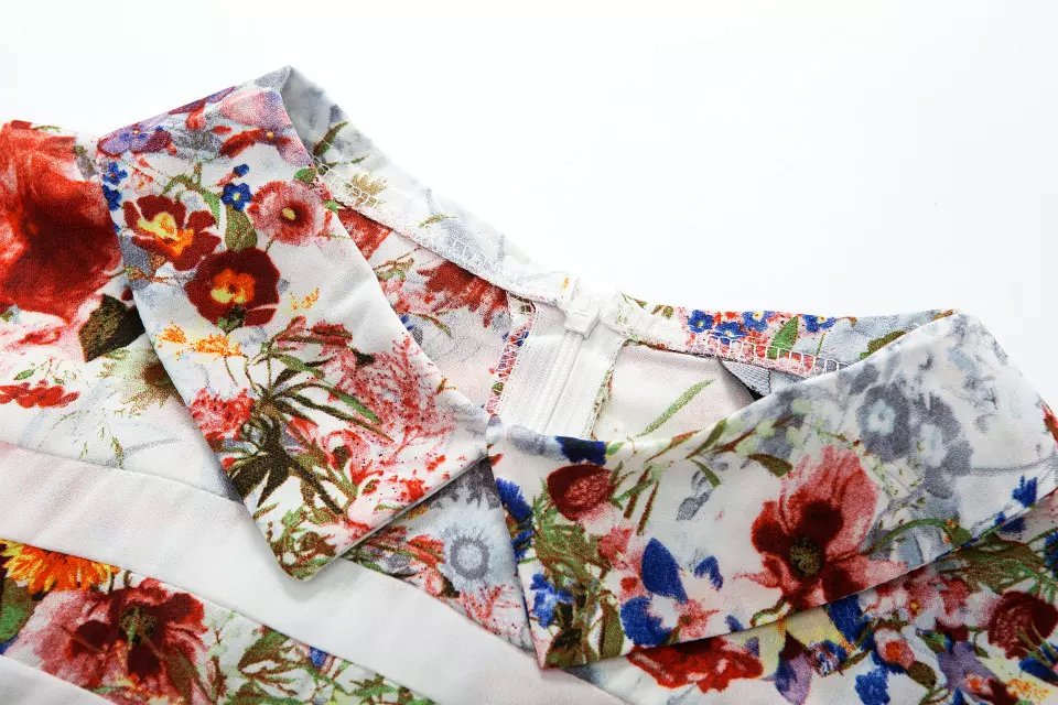 Fashion Women floral print patchwork mini Dress vintage Peter Pan Collar back zipper Short sleeve brand plus size
