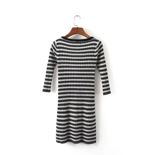 Fashion women sexy knitted striped pattern Packet Buttock V-neck Sheath Dress Three Quarter sleeve stretch casual brand