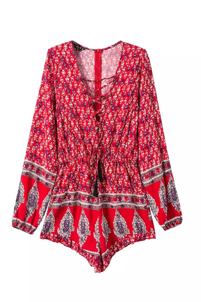 Fashion Women sexy Red Floral print jumpsuits vintage Long Sleeve drawstring Tunic hollow out V-neck brand Rompers