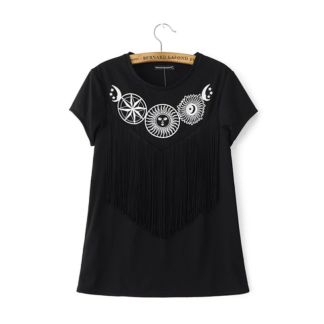 Fashion Women Tassel black Sun Moon star print T-shirt vintage O-neck short sleeve shirts Casual Brand Tops