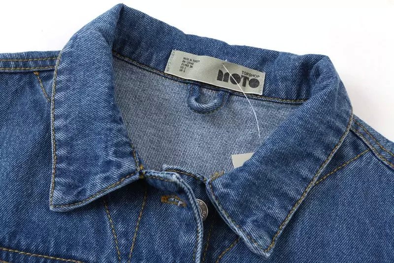 Fashion Women vintage ripped Blue Denim short Jacket turn-down collar Pocket Outwear button long sleeve Casual brand