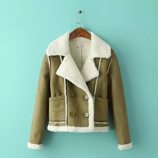 Fashion Women Winter thick warm Faux Suede Leather khaki short Jacket Double Breasted pocket Casual Turn-down collar Coats