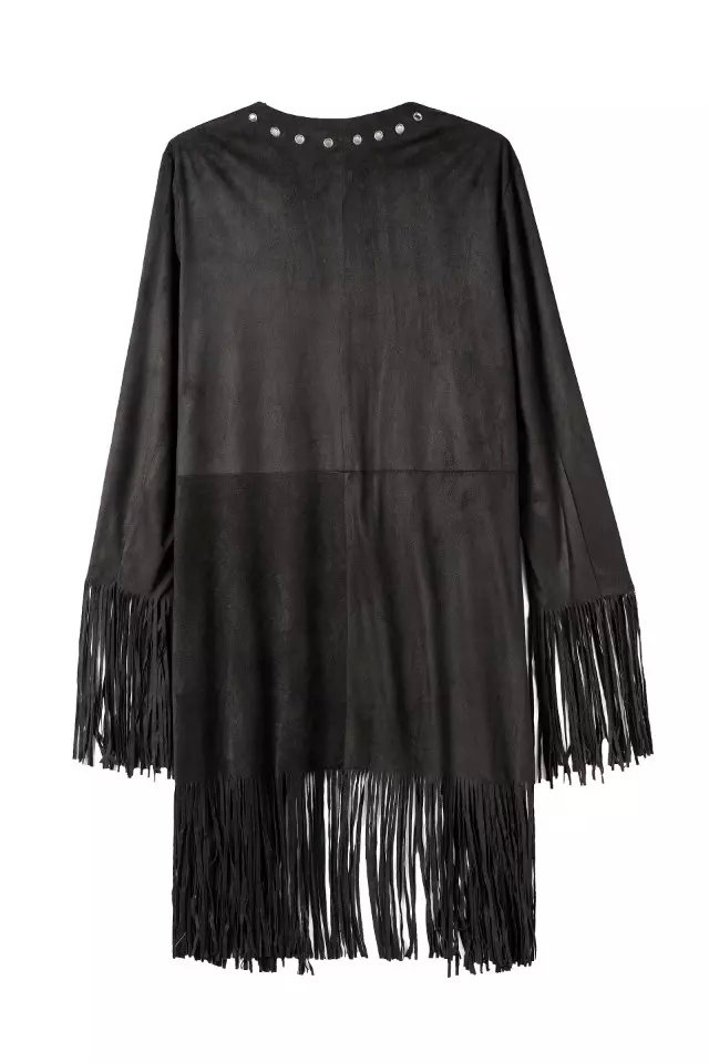 Spring Fashion women black Faux Suede Leather rivet Tassel Jacket Three Quarter sleeve Cardigan casual brand female