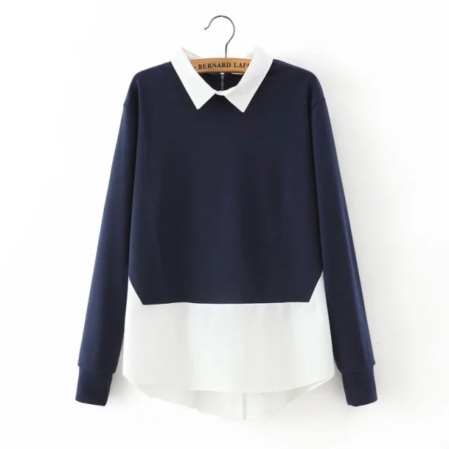 Spring Fashion Women blue knitted patchwork Casual blouse Long Sleeve Turn-down collar back zipper office casual brand