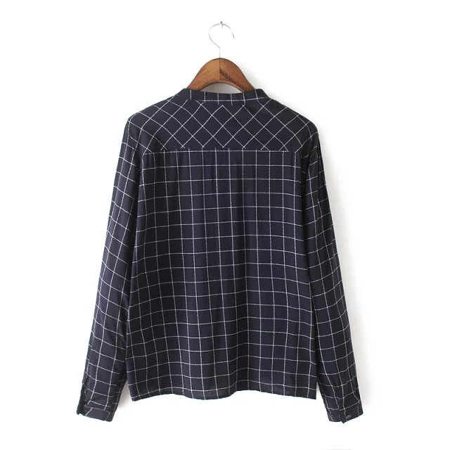 Spring Fashion Women blue plaid print blouses vintage stand collar long sleeve button shirts loose casual brand female top
