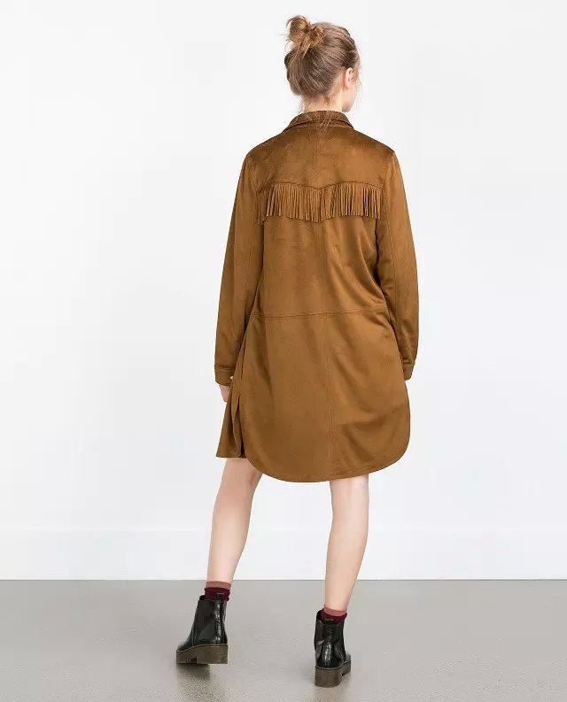 Spring Fashion Women brown Faux Suede Leather button tassel vintage side open turn-down collar loose pocket Shirt Dress