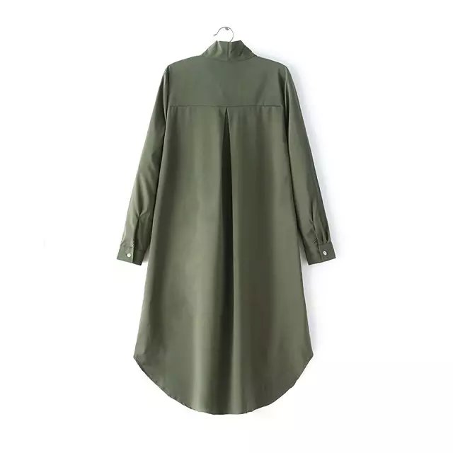Spring Fashion women elegant Army green long sleeve Knee-Length shirt Dress vintage bow collar button loose causal brand