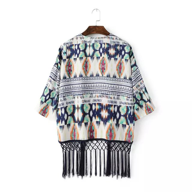 Spring Fashion women elegant Geometric print tassel Kimono outwear loose vintage Three Quarter sleeve casual brand tops
