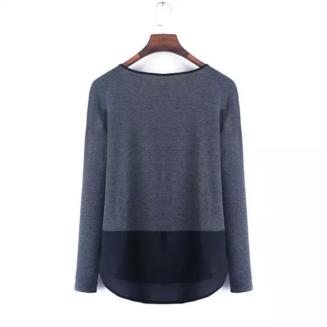 Spring Fashion Women Elegant gray chiffon patchwork Knitted Sweater pullover 0-neck long Sleeve Casual loose brand Tops