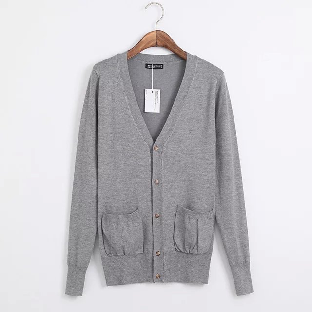 Spring Fashion women elegant gray knitted sweater cardigans long sleeve pocket casual buttons outwear brand tops