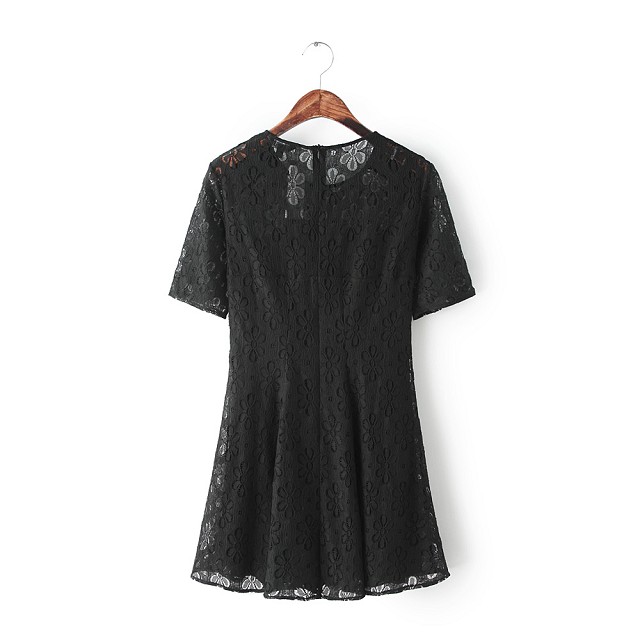 Spring Fashion women Elegant sexy black lace hollow out pleated mini Dress Vintage O-neck Half Sleeve casual party brand