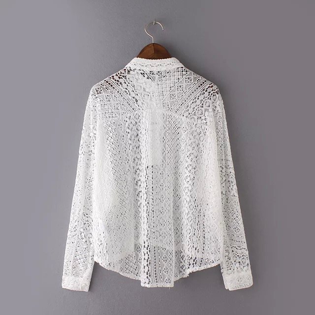 Spring Fashion women elegant sexy lace hollow out white Blouse see through stand collar long sleeve shirts loose brand