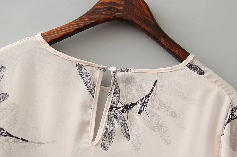 Spring Fashion Women Elegant Vintage beige Dragonfly Print O-neck Blouse Butterfly Half sleeve Casual brand female