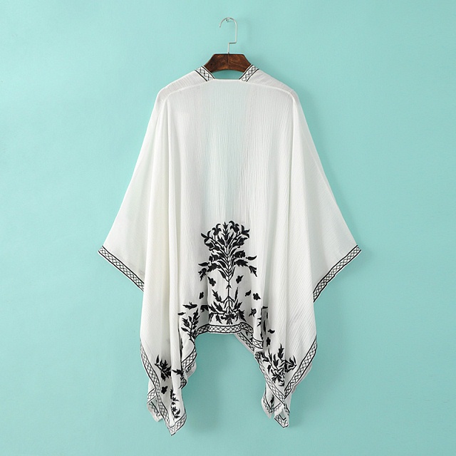 Spring Fashion Women Elegant Vintage white Irregular floral Embroidery loose kimono outwear Batwing Sleeve casual brand