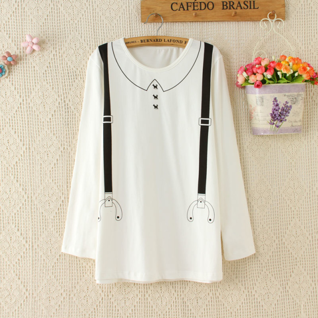 Spring Fashion Women Elegant white cotton strap dog print T-Shirt O-neck long Sleeve shirts Casual brand loose Tops