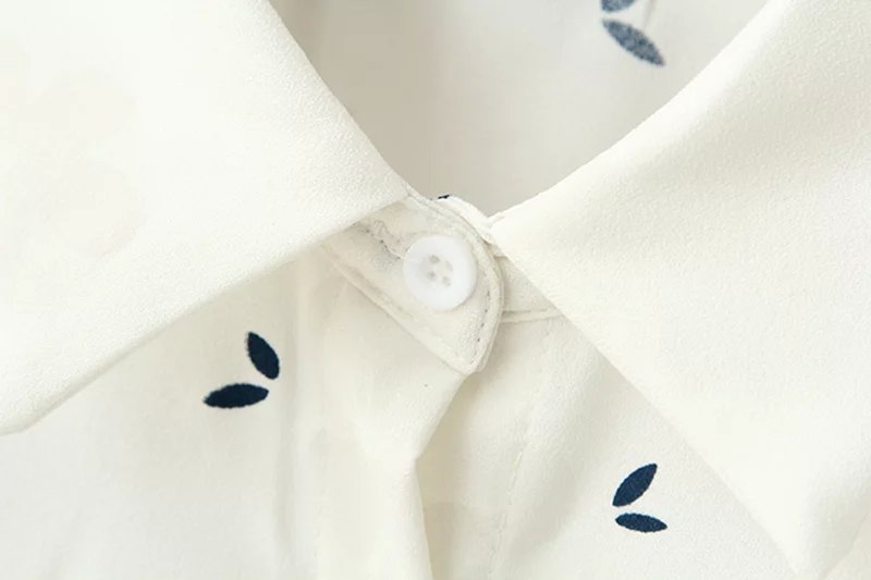 Spring Fashion women elegant white leaf print ruffle chiffon blouse turn-down collar button pocket shirts casual brand tops