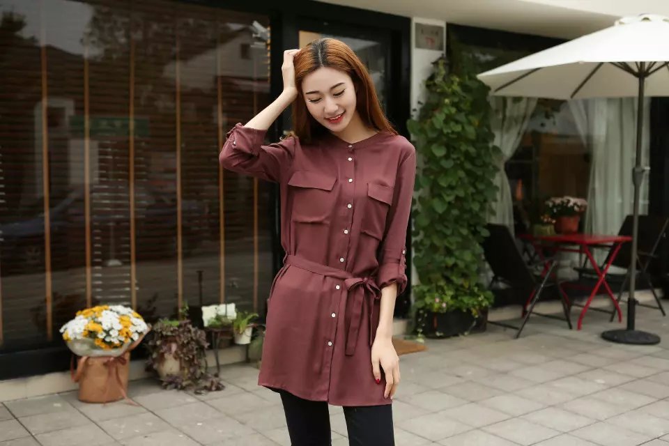Spring Fashion Women elegant wine red cotton with belt button mini shirt Dress O-neck Long sleeve pocket casual brand