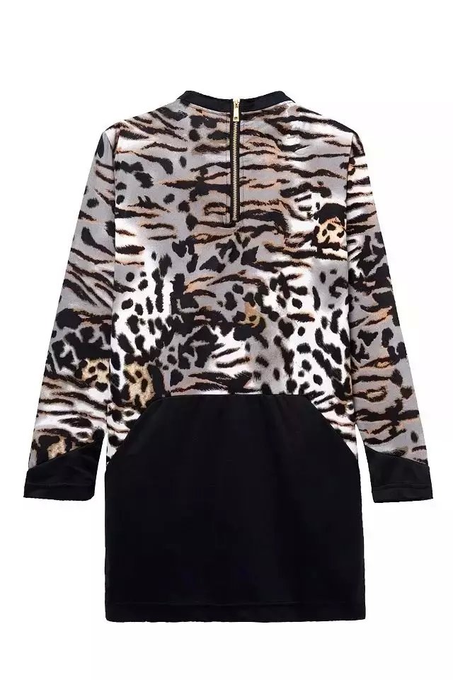 Spring Fashion Women Leopard Print patchwork mini Straight Dress Vintage O-neck long sleeve back zipper casual brand