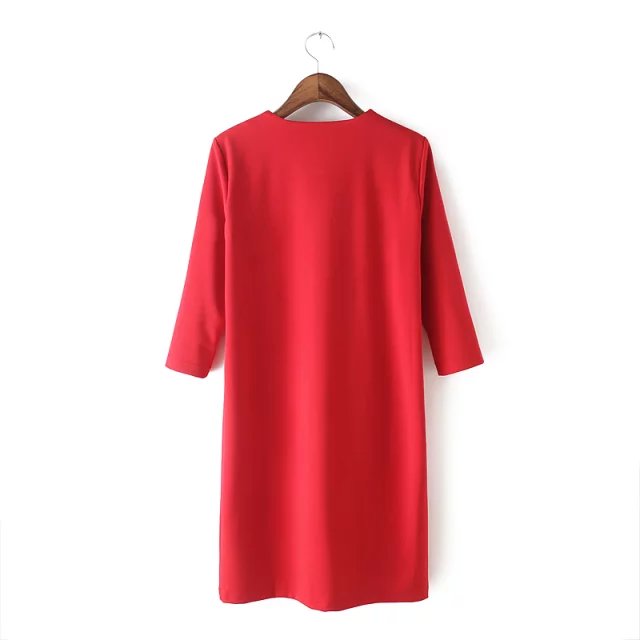 Spring Fashion women red Space print patchwork mini straight Dress Three Quarter sleeve V-neck streetwear casual brand