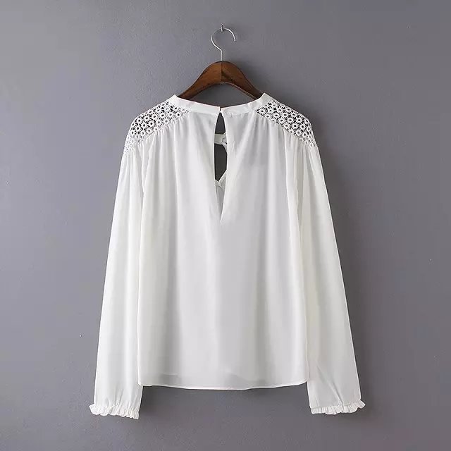 Spring Fashion Women White Chiffon blouse Lace hollow out patchwork shoulder drawstring V-neck loose shirt casual brand