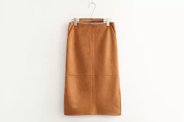 Women Fashion brown Faux Suede leather High waist Zipper pocket side open straight skirt Female saias feminina faldas jupe