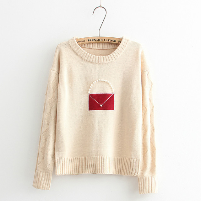 Women Fashion Sweet Gray Bag Embroidery pearls Knitted sweaters Pullover knitwear O-neck batwing sleeve Casual brand tops