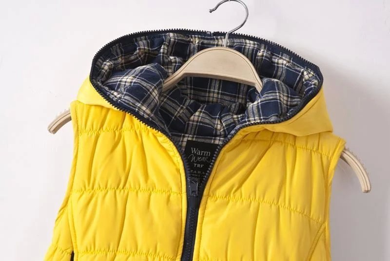 Women Fashion winter thick warm yellow Cotton Hooded Vest Two-sided wear Zipper pocket sleeveless ruffle fit casual brand