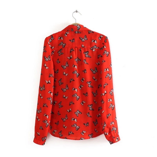 Women Spring fashion elegant red chiffon Butterfly print blouses vintage turn-down collar button office shirt casual brand