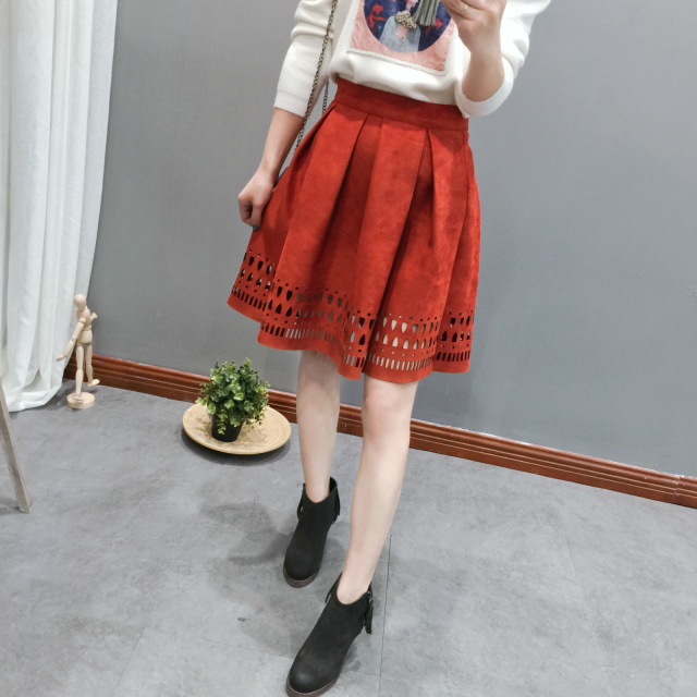 Women spring Fashion elegant red Faux Suede leather high wait hollow out side zipper pleated Knee-Length Skirt casual brand