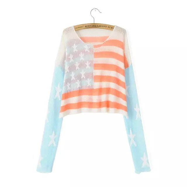 Women sweaters Autumn Fashion American Flag pattern Ripped short Pullover knitwear O-neck long sleeve Casual knitted brand