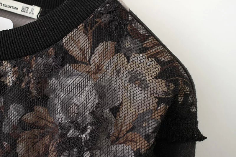 Women sweatshirts Fashion black woolen floral print Vintage lace mesh patchwork long sleeve pullover Casual hoodies brand