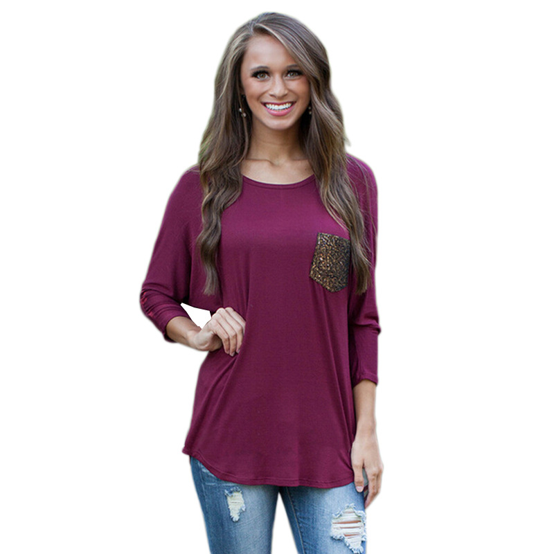 American Fashion women purple patchwork pocket Three Quarter sleeve O-Neck T-shirt Basic casual loose brand plus size