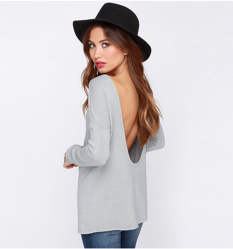American Fashion women sexy Gray O-neck backless T-shirt long Sleeve casual brand tops plus size