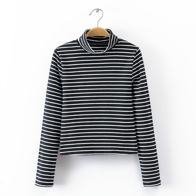 American fashion Women winter cotton black Striped Print Turtleneck short T-shirts casual long sleeve big stretch Brand