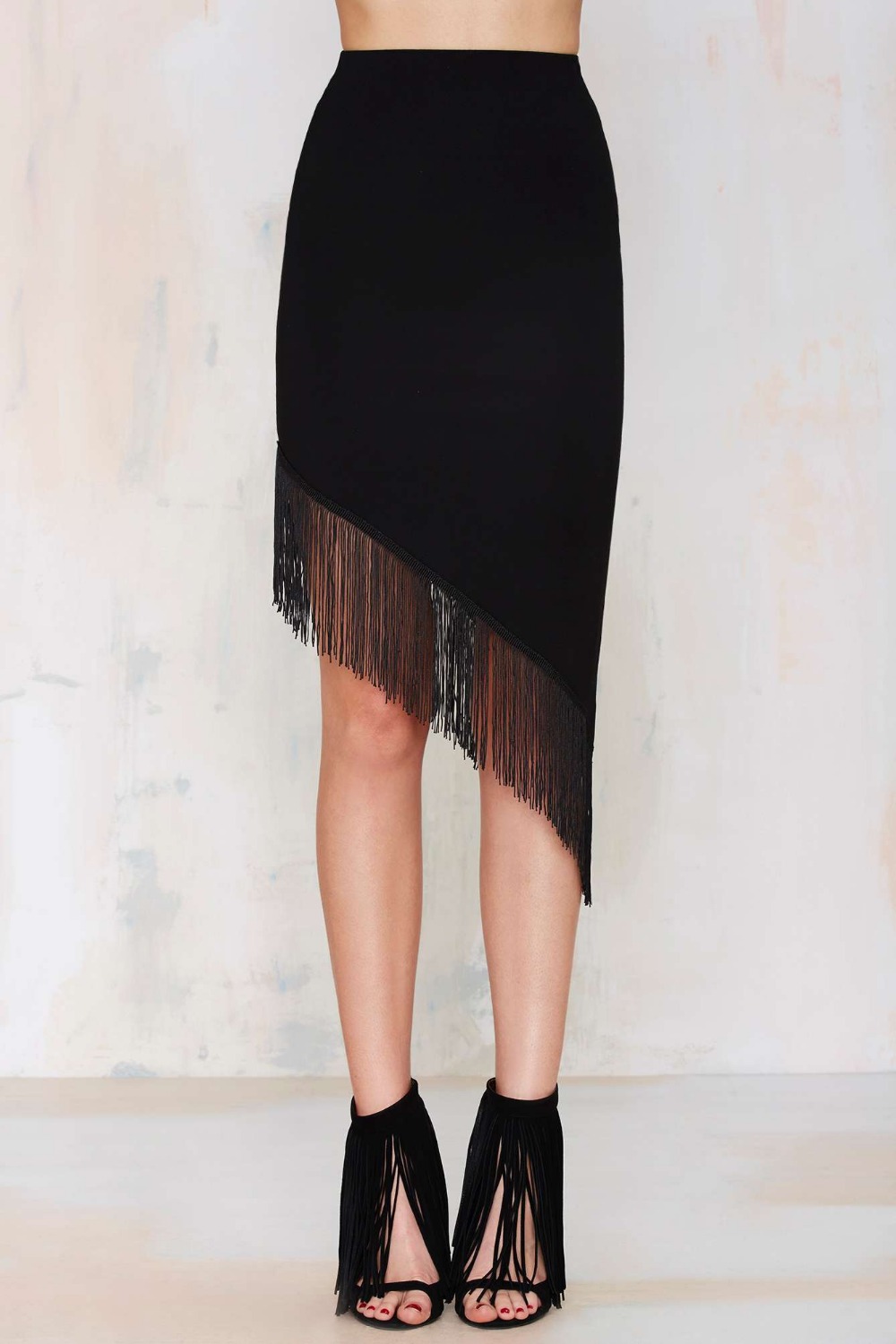 Autumn Fashion Women Black Tassel Skirt Asymmetrical Casual Casual brand Party skirts plus size