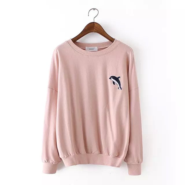 Autumn Fashion Women Pink dolphins Embroidery sport pullovers ruched Casual long Sleeve O-neck hoodies brand sweatshirts