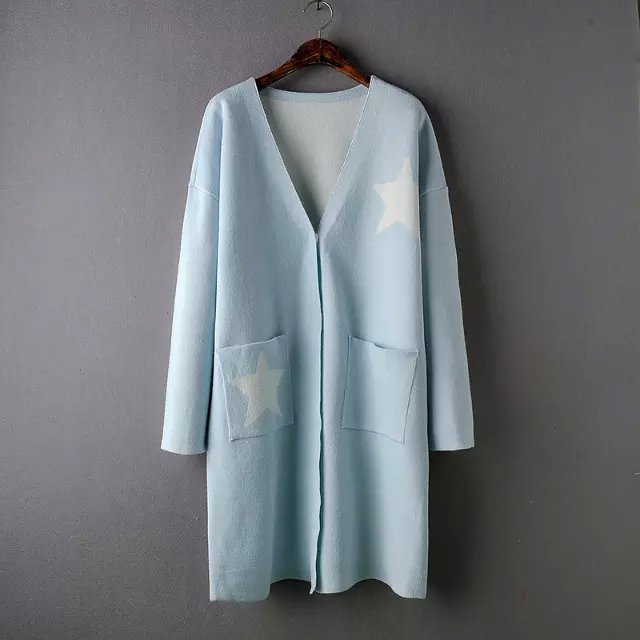 Cardigan for female Autumn Blue Star pattern Pocket batwing sleeve V-neck button Knitted Sweaters casual brand women vogue