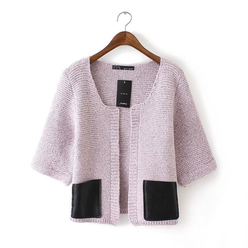 Cardigan for female Autumn European style Fashion Faux Leather Patchwork Pocket short Sweaters Knitted casual women vogue