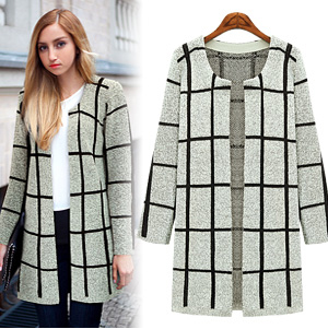 Cardigan for female Fashion gray plaid pattern long sleeve Knitted Sweaters casual brand women vogue