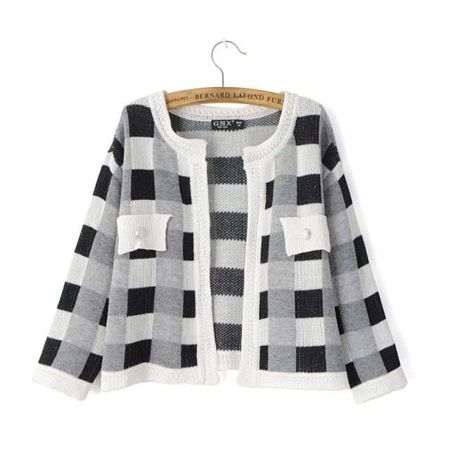 Cardigan for female Fashion Plaid Pattern Double Patch Sweaters Knitted office lady long Sleeve Casual Outwear women vogue