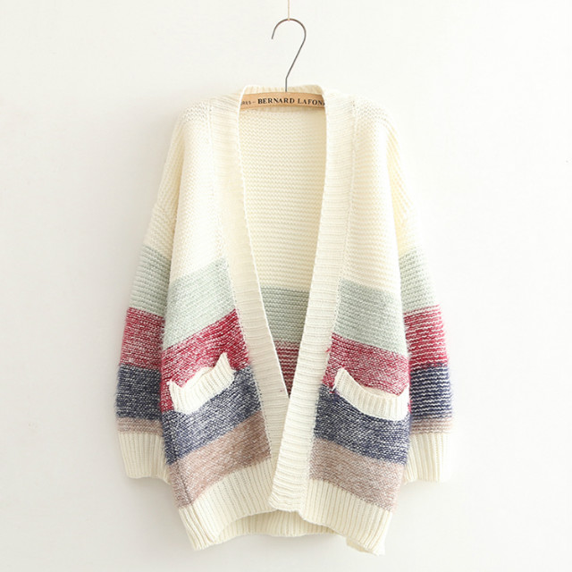 Cardigan for Women Autumn Fashion Colored Striped pattern Knitted Sweaters batwing Sleeve pocket Casual brand