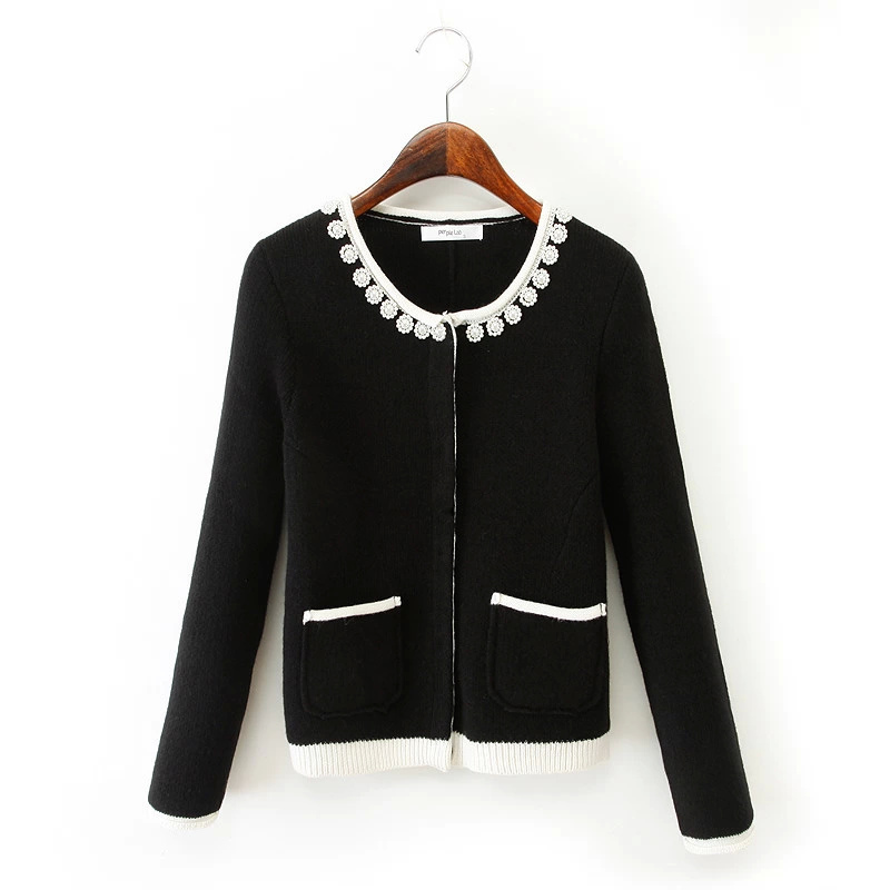 Cardigan for women Fashion pearl Beading Pockets Sweaters Knitted office lady long Sleeve Casual sweet formal winter