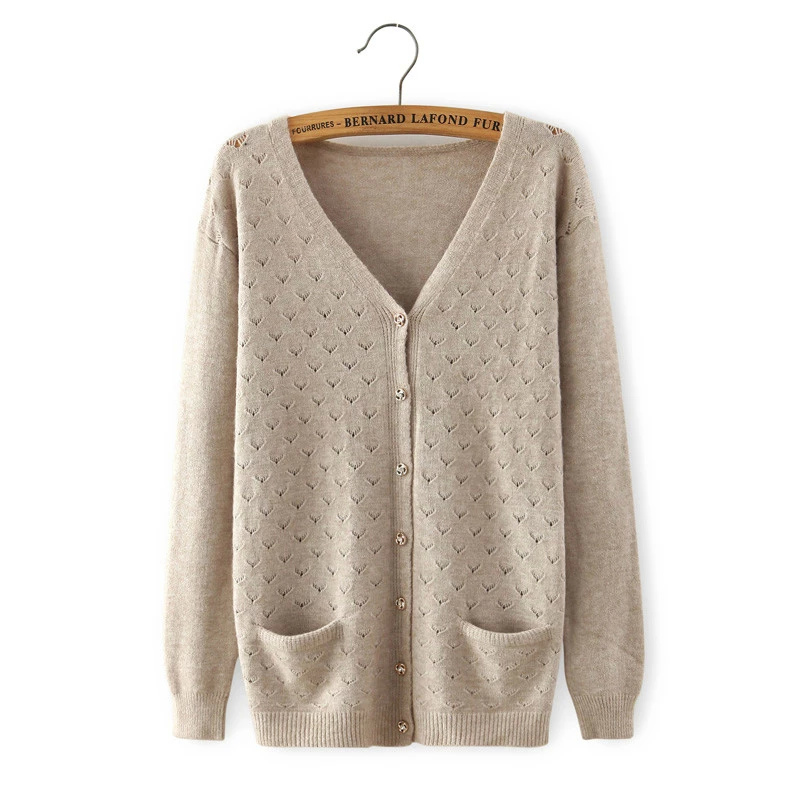 Cardigan for women spring Fashion khaki Pocket button V-neck long sleeve hollow out Knitted sweater casual brand female