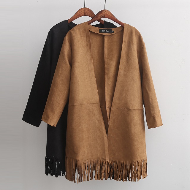 Cardigan long Suede coat for Women Fashion Autumn V neck Tassels Casual Long sleeve brand mujer Jacket tops