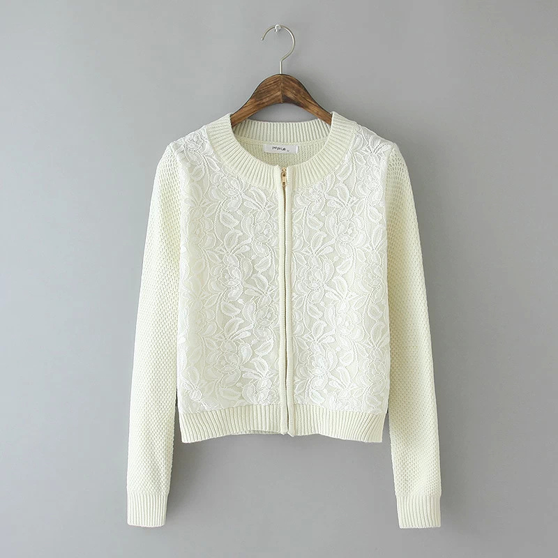 Cardigan Zipper for female Autumn Fashion Lace Patchwork sweet office Sweaters Knitted long Sleeve Casual women vogue