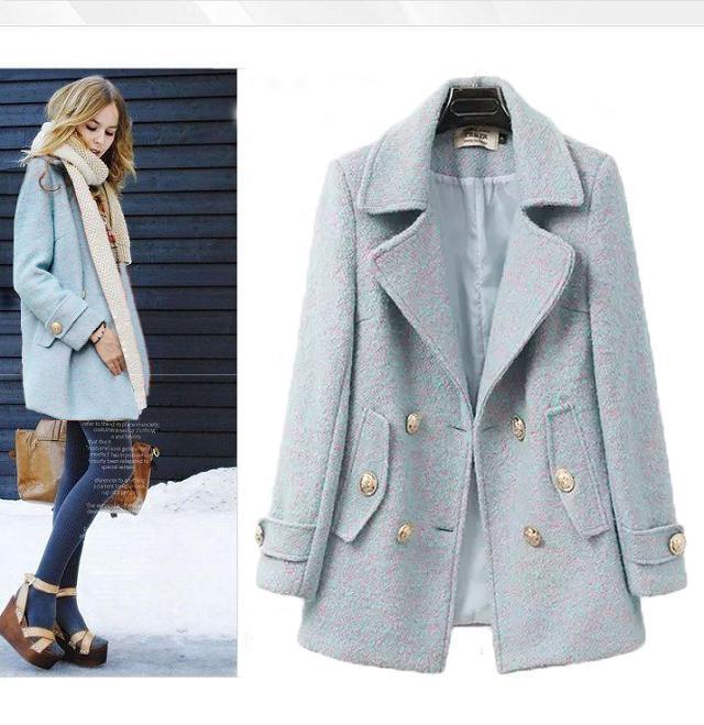 European Fashion Winter Women blue Coats Pockets Female overcoat Long Sleeve button turn-down collar Brand plus size