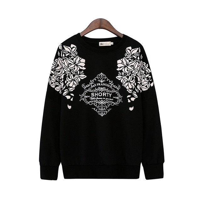 European Fashion women black totem Floral print pullovers vintage Casual long Sleeve hoodies sweatshirts brand plus size