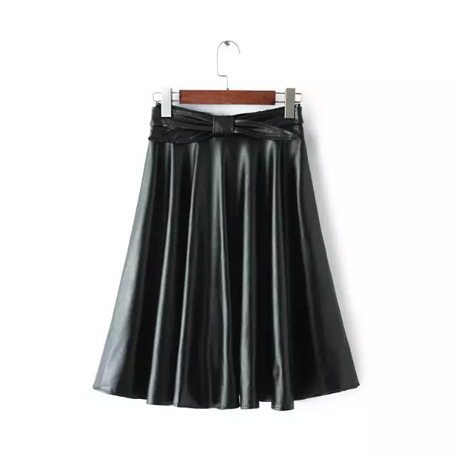 European Fashion women faux leather black Mid-Calf Pleated skirts vintage Elastic waist witn bow belt casual brand female